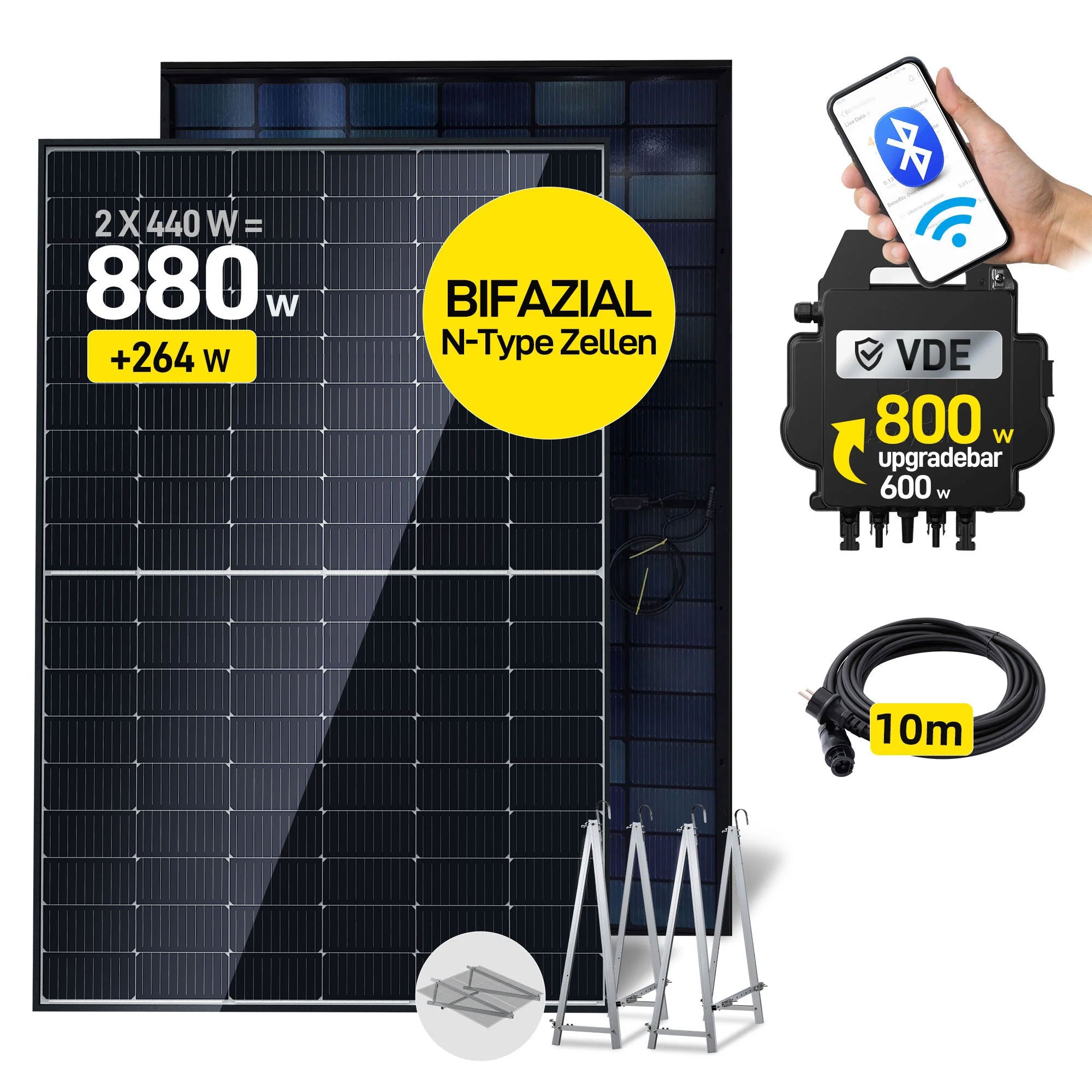 EFORU Komplettset Balkonkraftwerk 880W mit 2x440W Bifazialer Glas-Glas Solarmodule, APsystems Wechselrichter EZ1-M, AC Kabel