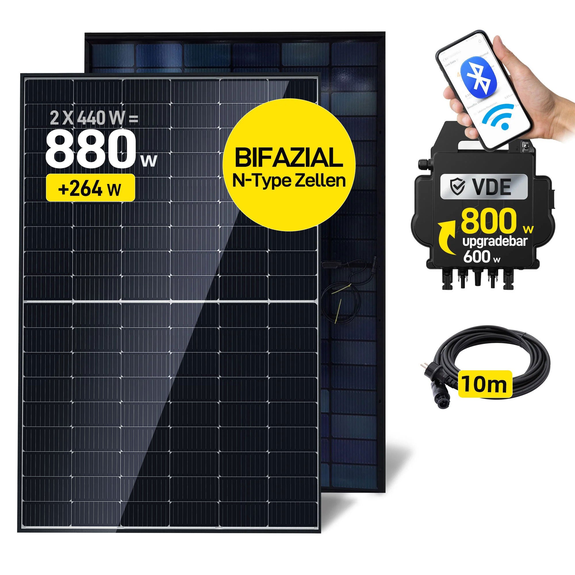 EFORU Komplettset Balkonkraftwerk 880W mit 2x440W Bifazialer Glas-Glas Solarmodule, APsystems Wechselrichter EZ1-M, AC Kabel