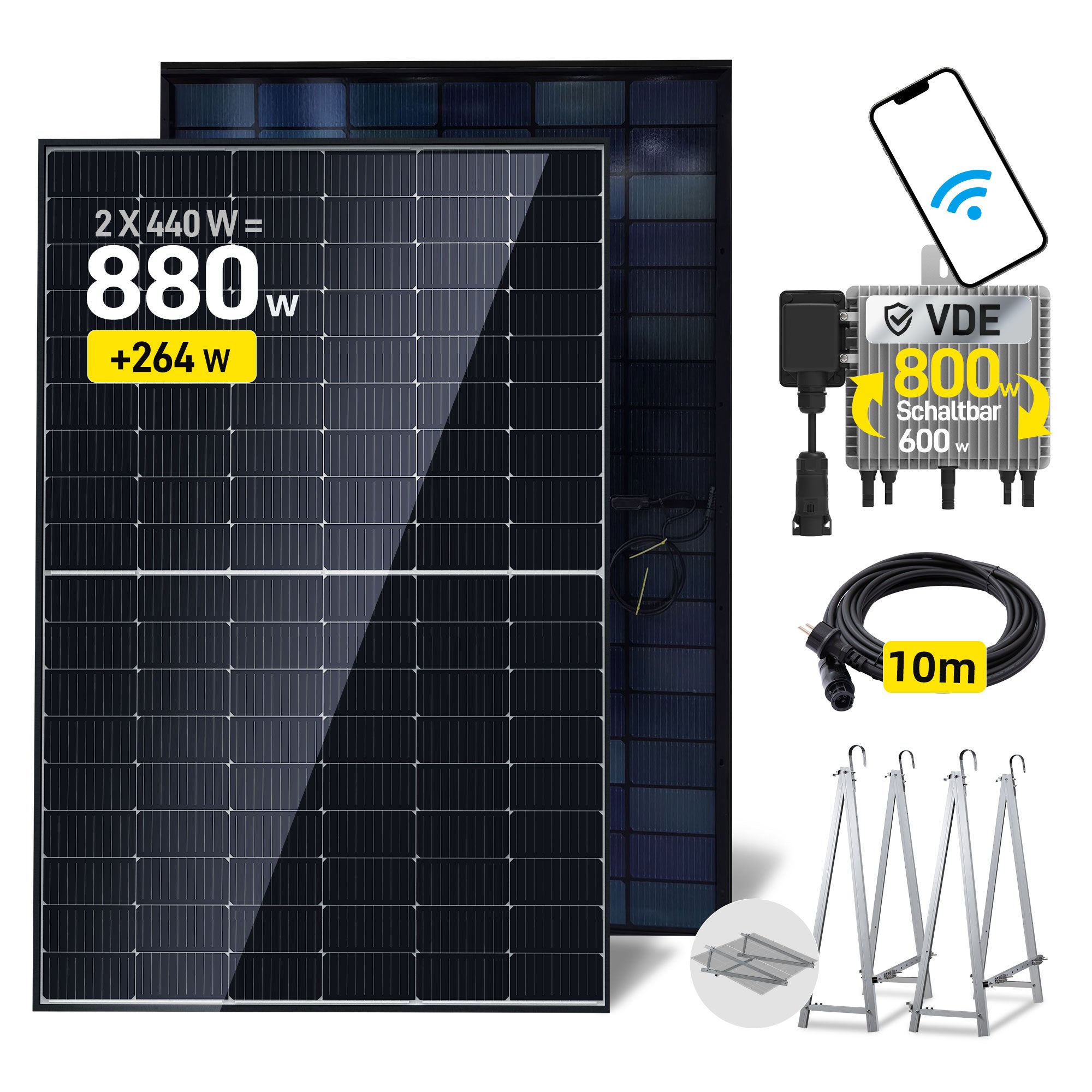 EFORU Balkonkraftwerk 880W mit 2x440W Bifazialer Glas Solarmodule, Deye Wechselrichter, Kabel