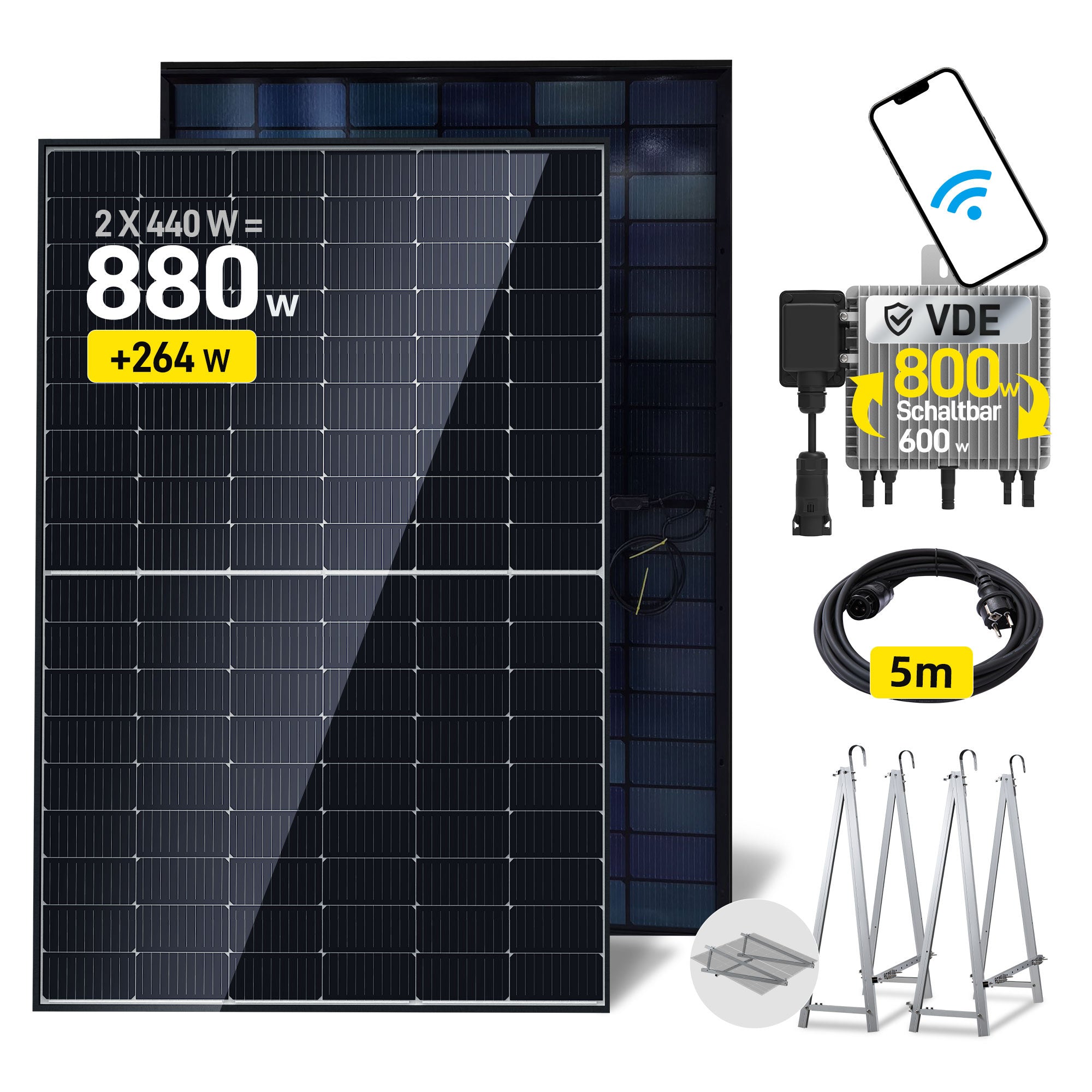 EFORU Balkonkraftwerk 880W mit 2x440W Bifazialer Glas Solarmodule, Deye Wechselrichter, Kabel