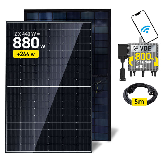 EFORU Balkonkraftwerk 880W mit 2x440W Bifazialer Glas Solarmodule, Deye Wechselrichter, Kabel