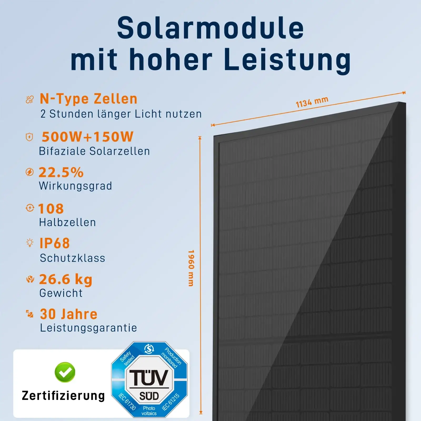 Sunpro 500W Glas-Glas Solarmodul Full Black für Balkonkraftwerk, TOPCon bifazial