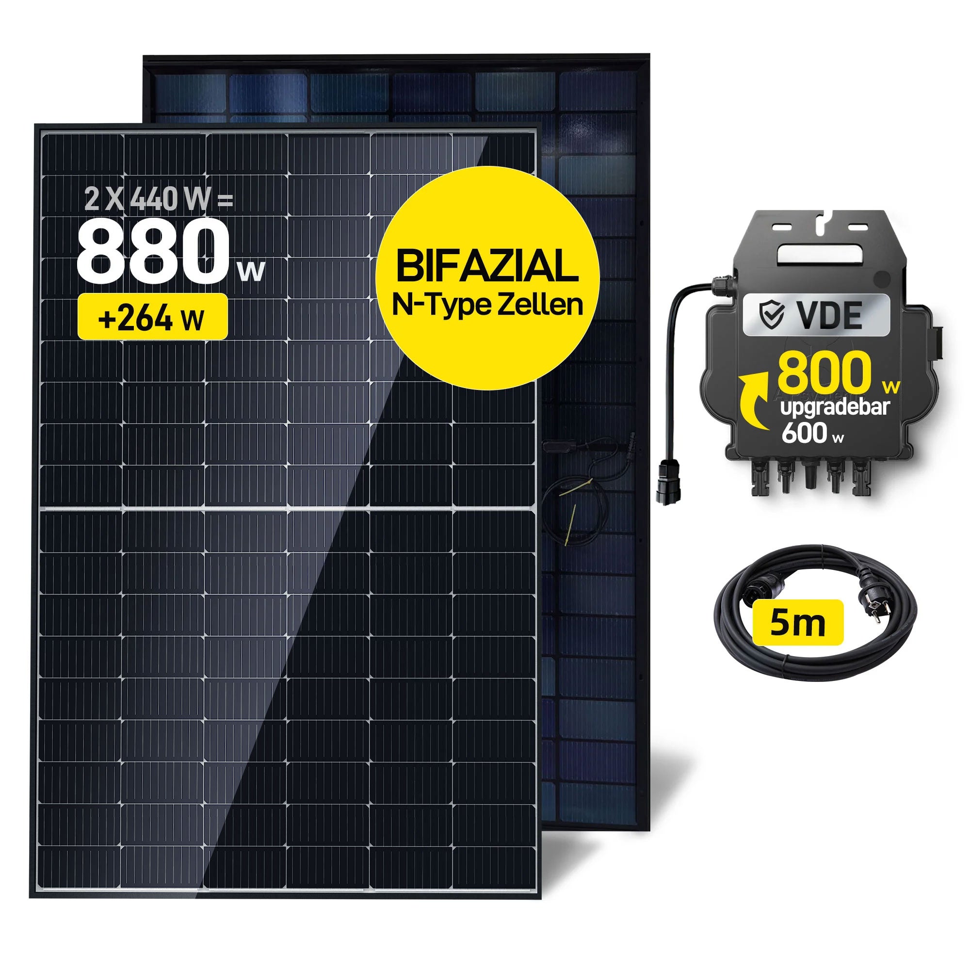 EFORU Komplettset Balkonkraftwerk 880W mit 2x440W Bifazialer Glas-Glas Solarmodule, APsystems Wechselrichter EZ1-M, AC Kabel