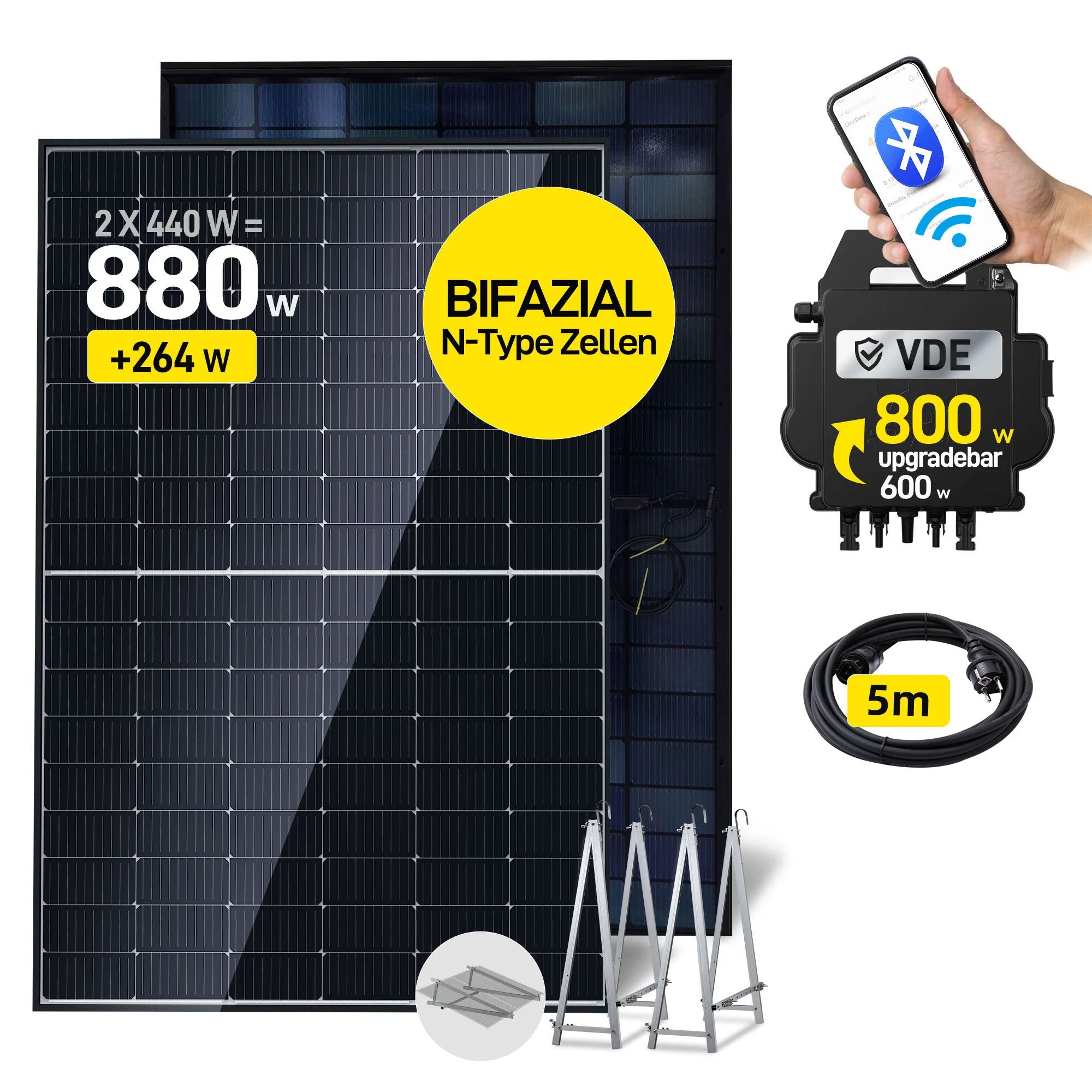 EFORU Komplettset Balkonkraftwerk 880W mit 2x440W Bifazialer Glas-Glas Solarmodule, APsystems Wechselrichter EZ1-M, AC Kabel