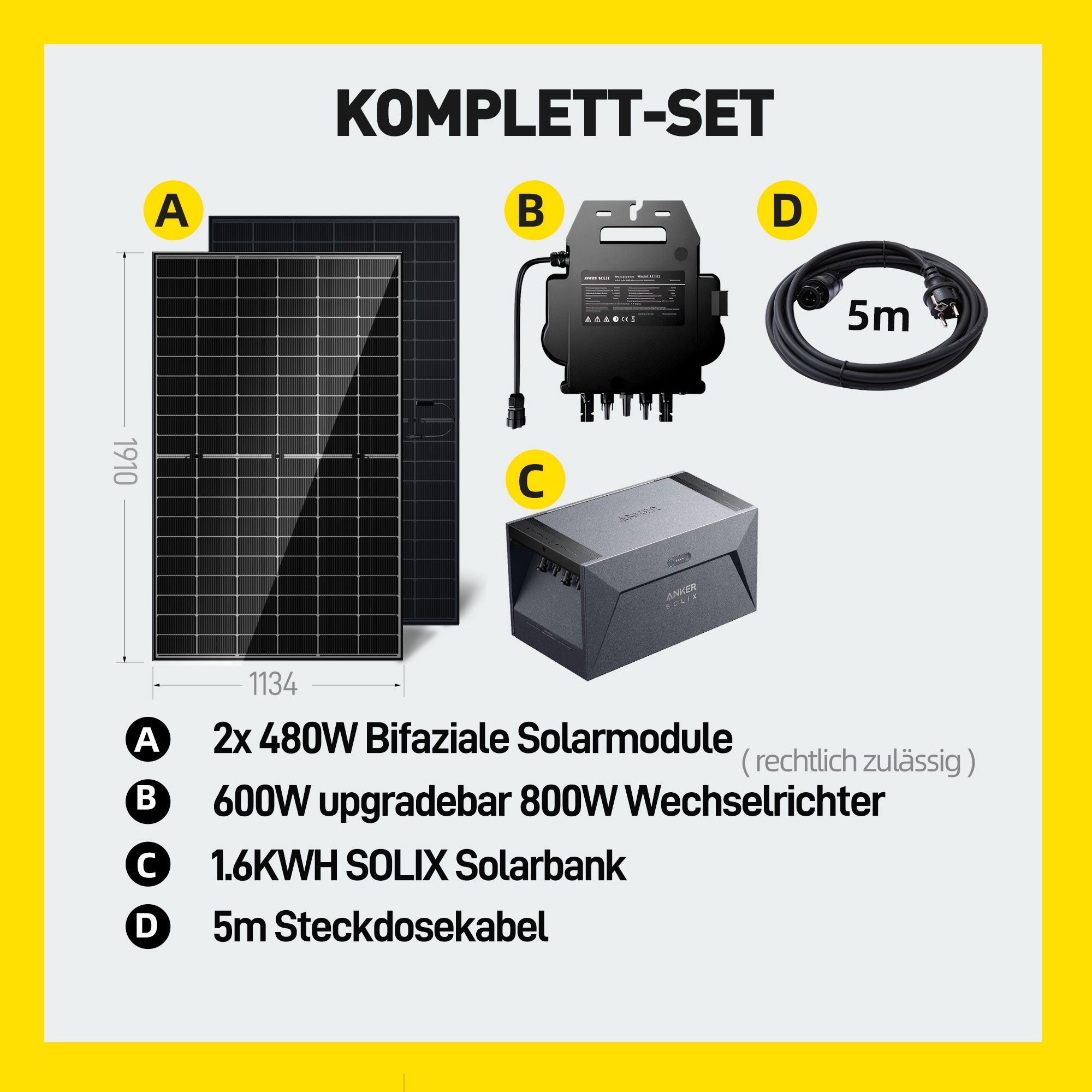 EFORU 960W Komplettset Balkonkraftwerk mit Solarspeicher, enthält 2x480W bifaziale Glas-Glas-Solarmodule, Anker-Wechselrichter 800W, Anker SOLlX Solarbank E1600 und Kabel