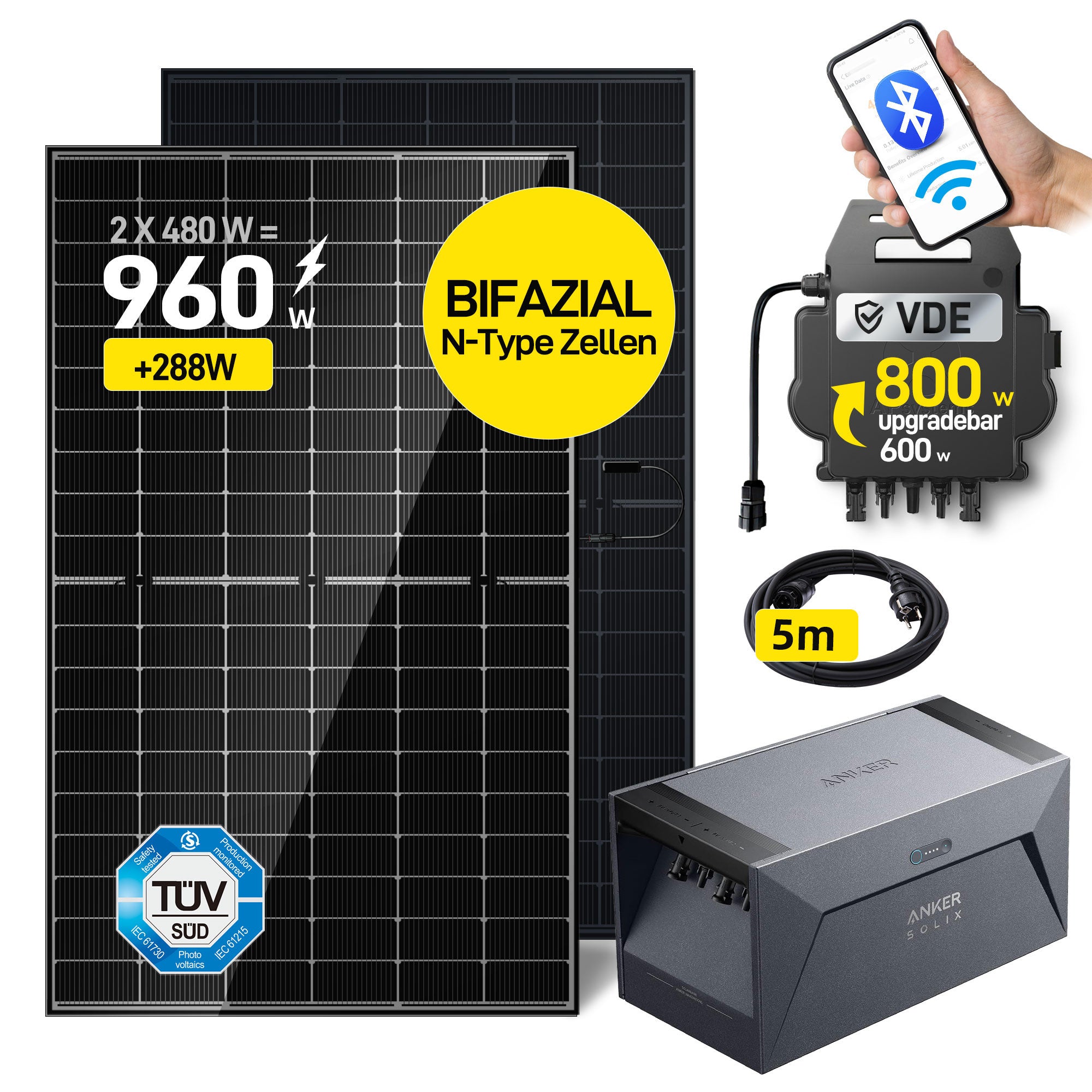 EFORU 960W Komplettset Balkonkraftwerk mit Solarspeicher, enthält 2x480W bifaziale Glas-Glas-Solarmodule, APsystems EZ1 Wechselrichter 800W, Anker SOLlX Solarbank E1600 und Kabel