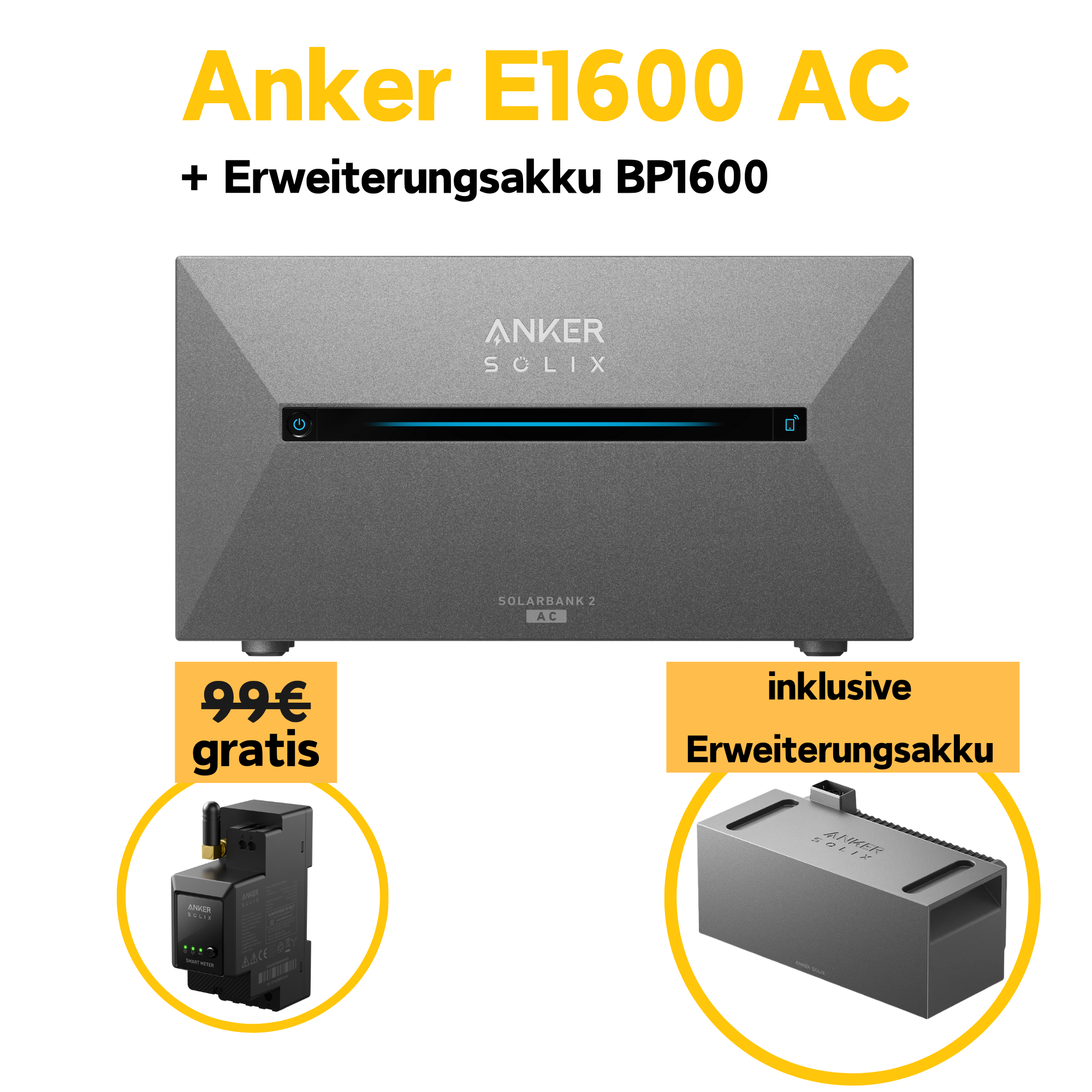 EFORU Speicher Anker Solix Solarbank 2 E1600 AC, inklusive kostenloser smarter Zähler