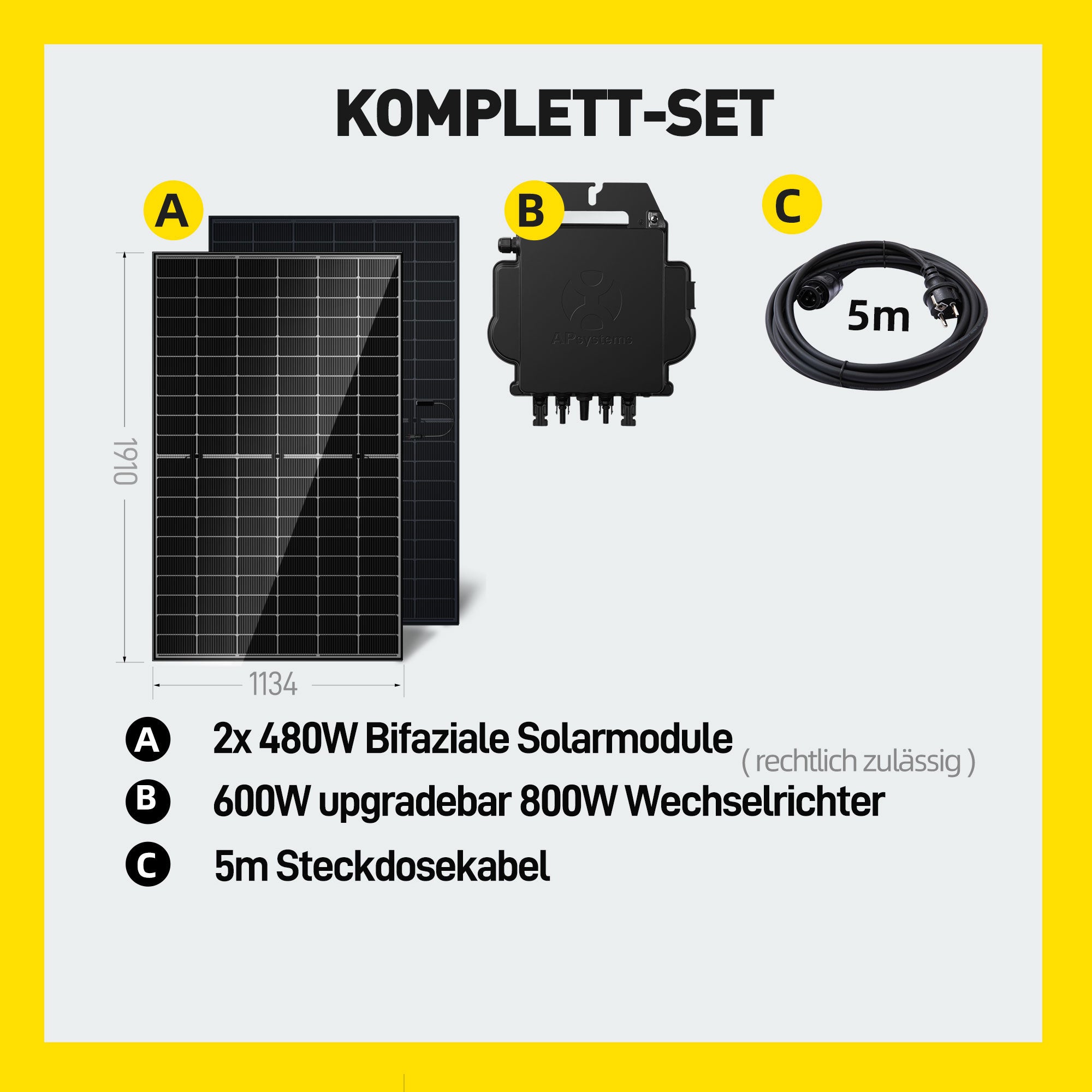 EFORU Komplettset Balkonkraftwerk 960W mit 2x480W Bifazialer Glas-Glas Solarmodule, APsystems Wechselrichter EZ1-M, AC Kabel