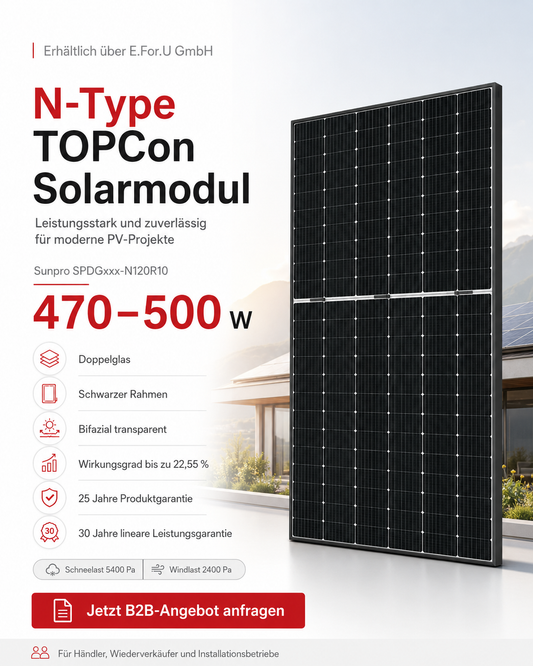 Sunpro 500W Glas-Glas Solarmodul Full Black für Balkonkraftwerk, TOPCon bifazial