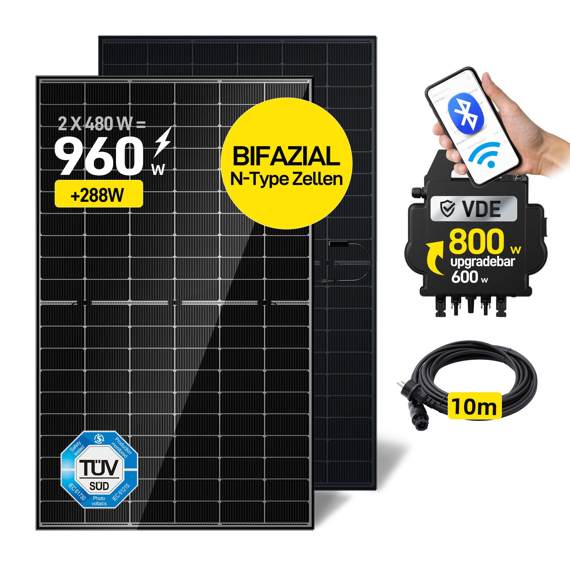 EFORU Komplettset Balkonkraftwerk 960W mit 2x480W Bifazialer Glas-Glas Solarmodule, APsystems Wechselrichter EZ1-M, AC Kabel