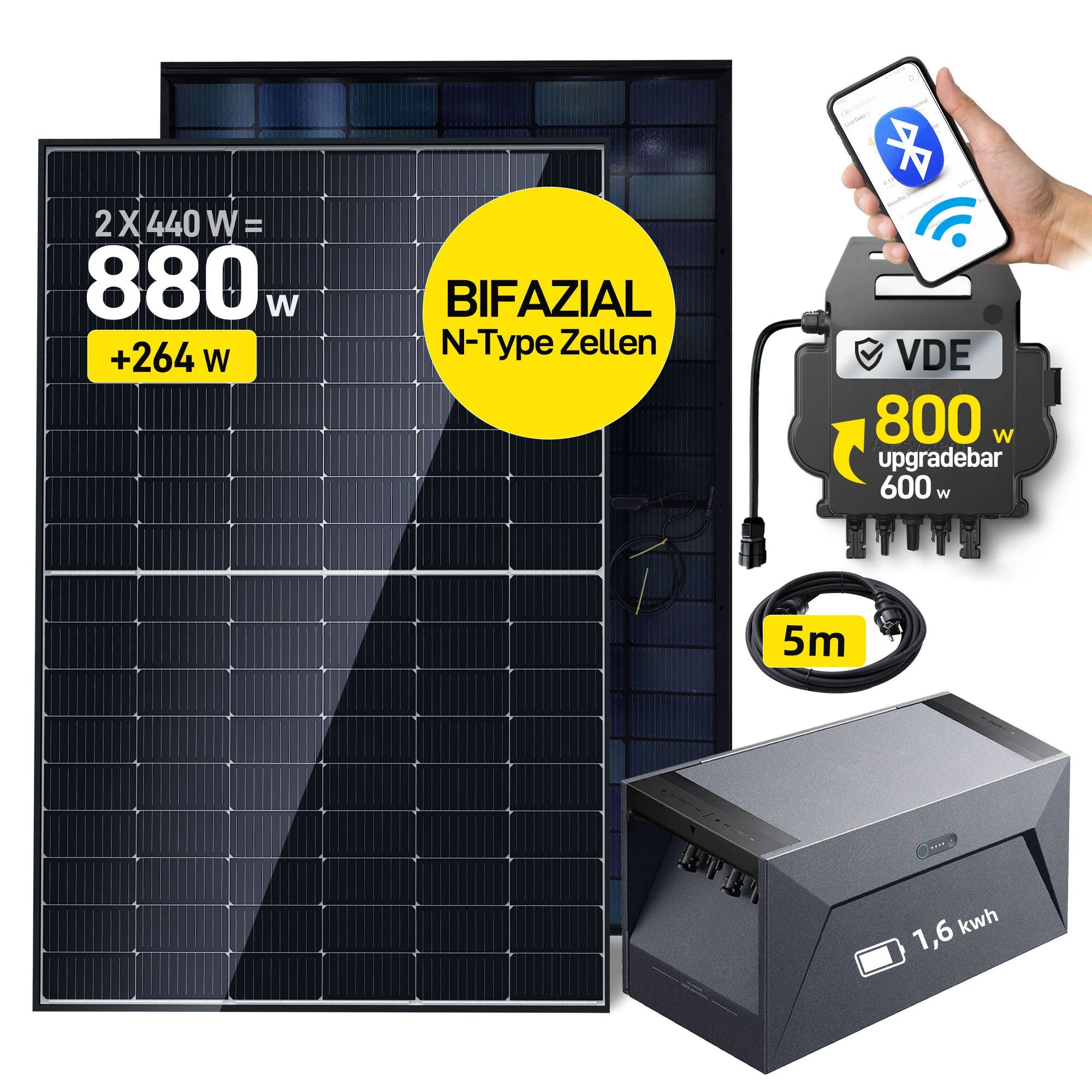 EFORU Komplettset Balkonkraftwerk mit Solarspeicher, enthält 2x440W bifaziale Glas-Glas-Solarmodule, APsystems EZ1 Wechselrichter 800W, Anker SOLlX Solarbank E1600 und Kabel