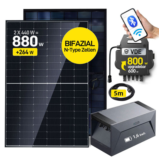 EFORU Komplettset Balkonkraftwerk mit Solarspeicher, enthält 2x440W bifaziale Glas-Glas-Solarmodule, APsystems EZ1 Wechselrichter 800W, Anker SOLlX Solarbank E1600 und Kabel