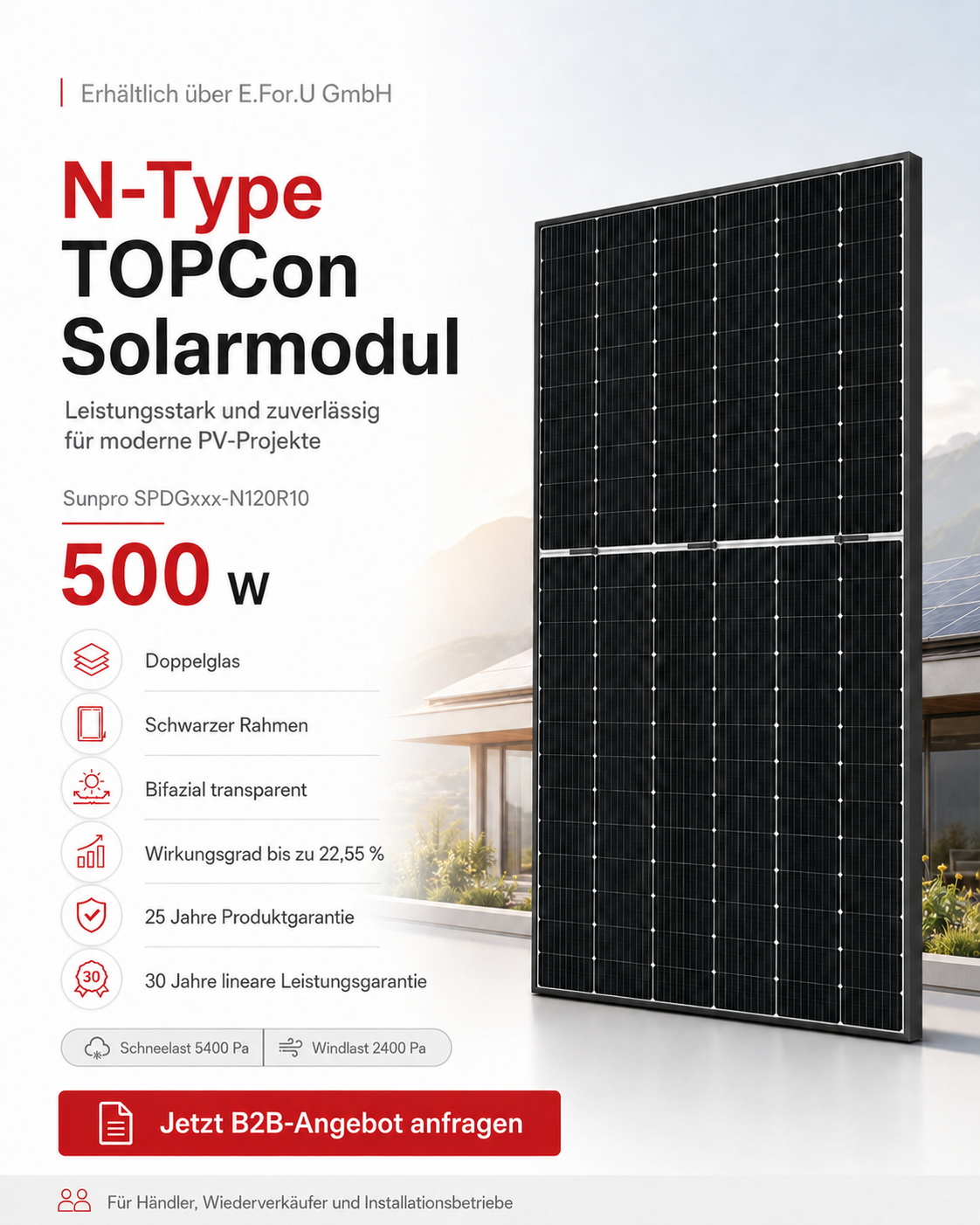 Sunpro 500W Glas-Glas Solarmodul Full Black für Balkonkraftwerk, TOPCon bifazial